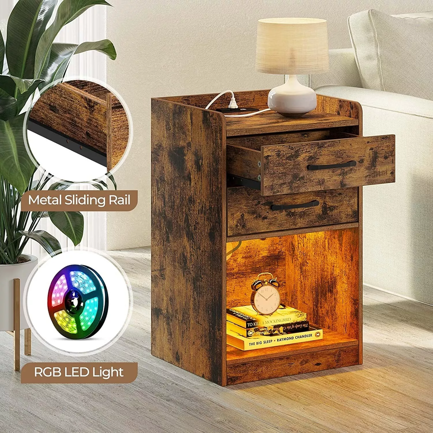 YANest Décor Modern High Gloss LED Nightstand Beds